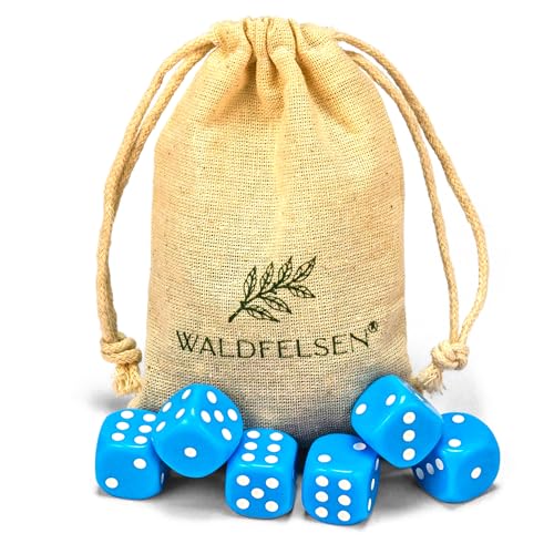 Waldfelsen 6, 12, 20, 30 oder 50 hochqualitative Würfel Standardgröße 16 mm Acrylwürfel Knobel Spielwürfel Dice 6-seitig sechsseitig Spielzubehör Set mit Stoffbeutel (Himmelblau, 6 Stück) von Waldfelsen