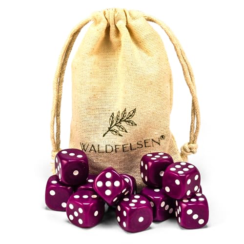 Waldfelsen 6, 12, 20, 30 oder 50 hochqualitative Würfel Standardgröße 16 mm Acrylwürfel Knobel Spielwürfel Dice 6-seitig sechsseitig Spielzubehör Set mit Stoffbeutel (Lila, 12 Stück) von Waldfelsen