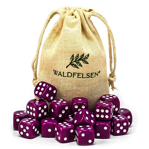 6, 12, 20, 30 oder 50 hochqualitative Würfel von Waldfelsen® Standardgröße 16 mm Acrylwürfel Knobel Spielwürfel Dice 6-seitig sechsseitig Spielzubehör Set mit Stoffbeutel (Lila, 20 Stück) von Waldfelsen