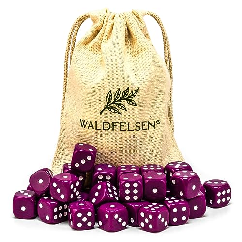 Waldfelsen 6, 12, 20, 30 oder 50 hochqualitative Würfel Standardgröße 16 mm Acrylwürfel Knobel Spielwürfel Dice 6-seitig sechsseitig Spielzubehör Set mit Stoffbeutel (Lila, 30 Stück) von Waldfelsen