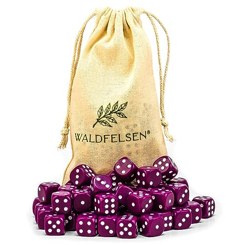 6, 12, 20, 30 oder 50 hochqualitative Würfel von Waldfelsen® Standardgröße 16 mm Acrylwürfel Knobel Spielwürfel Dice 6-seitig sechsseitig Spielzubehör Set mit Stoffbeutel (Lila, 50 Stück) von Waldfelsen