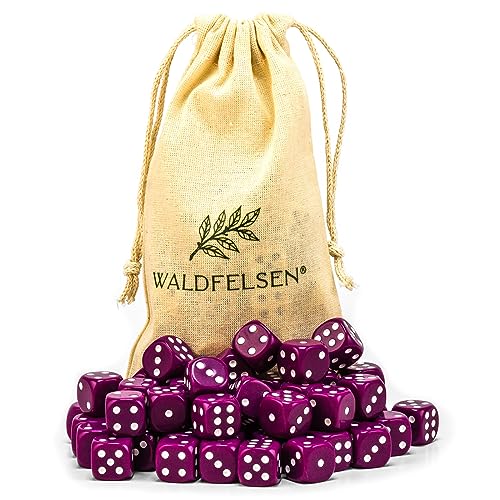 Waldfelsen 6, 12, 20, 30 oder 50 hochqualitative Würfel Standardgröße 16 mm Acrylwürfel Knobel Spielwürfel Dice 6-seitig sechsseitig Spielzubehör Set mit Stoffbeutel (Lila, 50 Stück) von Waldfelsen