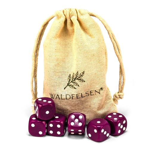 Waldfelsen 6, 12, 20, 30 oder 50 hochqualitative Würfel Standardgröße 16 mm Acrylwürfel Knobel Spielwürfel Dice 6-seitig sechsseitig Spielzubehör Set mit Stoffbeutel (Lila, 6 Stück) von Waldfelsen