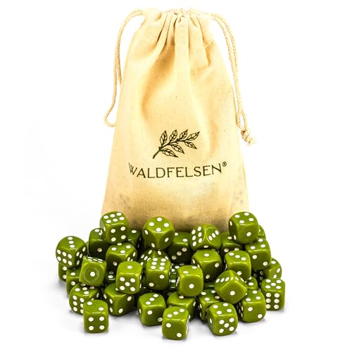 6, 12, 20, 30 oder 50 hochqualitative Würfel von Waldfelsen® Standardgröße 16 mm Acrylwürfel Knobel Spielwürfel Dice 6-seitig sechsseitig Spielzubehör Set mit Stoffbeutel (Oliv, 50 Stück) von Waldfelsen