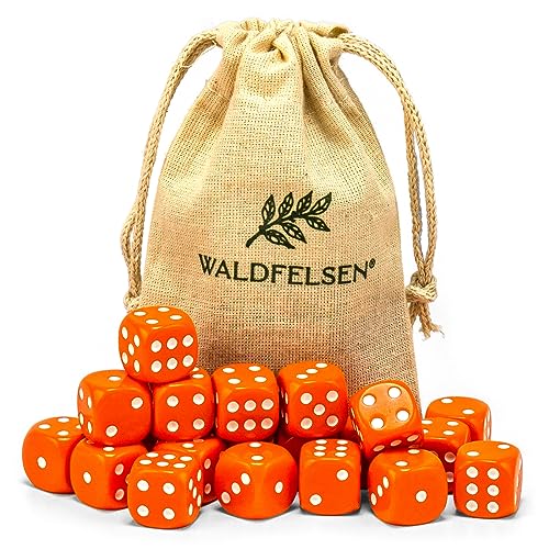 6, 12, 20, 30 oder 50 hochqualitative Würfel von Waldfelsen® Standardgröße 16 mm Acrylwürfel Knobel Spielwürfel Dice 6-seitig sechsseitig Spielzubehör Set mit Stoffbeutel (Orange, 20 Stück) von Waldfelsen