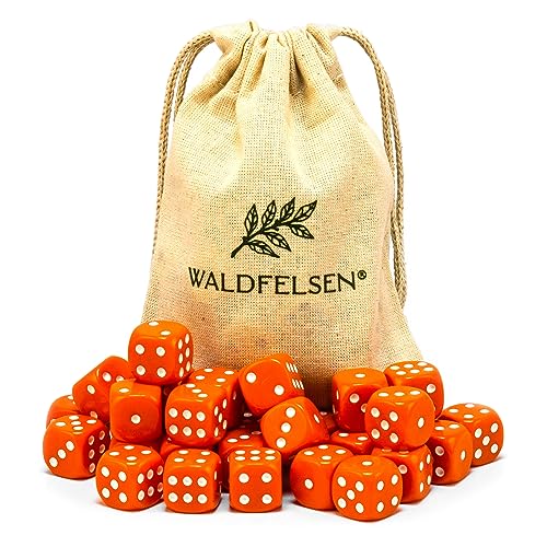 Waldfelsen 6, 12, 20, 30 oder 50 hochqualitative Würfel Standardgröße 16 mm Acrylwürfel Knobel Spielwürfel Dice 6-seitig sechsseitig Spielzubehör Set mit Stoffbeutel (Orange, 30 Stück) von Waldfelsen