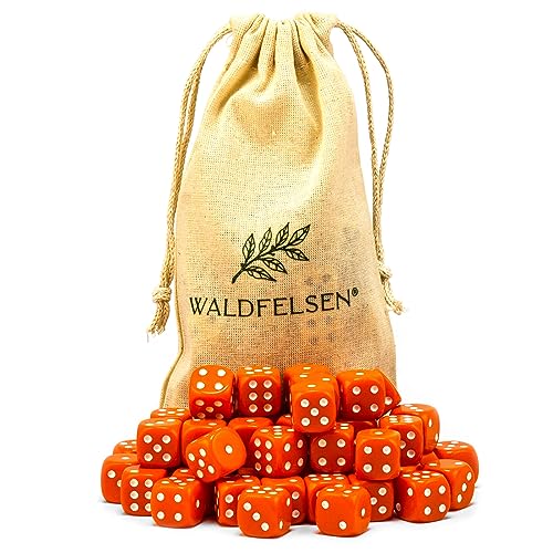 Waldfelsen 6, 12, 20, 30 oder 50 hochqualitative Würfel Standardgröße 16 mm Acrylwürfel Knobel Spielwürfel Dice 6-seitig sechsseitig Spielzubehör Set mit Stoffbeutel (Orange, 50 Stück) von Waldfelsen