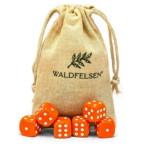 Waldfelsen 6, 12, 20, 30 oder 50 hochqualitative Würfel Standardgröße 16 mm Acrylwürfel Knobel Spielwürfel Dice 6-seitig sechsseitig Spielzubehör Set mit Stoffbeutel (Orange, 6 Stück) von Waldfelsen