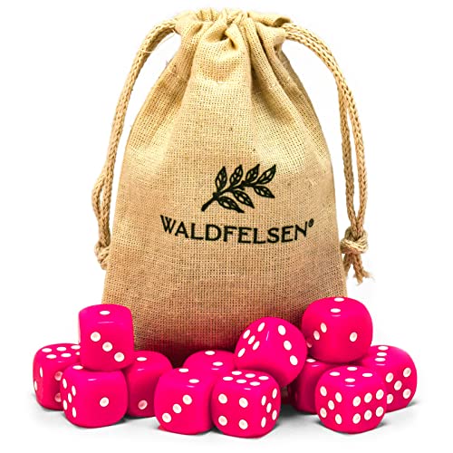 Waldfelsen 6, 12, 20, 30 oder 50 hochqualitative Würfel Standardgröße 16 mm Acrylwürfel Knobel Spielwürfel Dice 6-seitig sechsseitig Spielzubehör Set mit Stoffbeutel (Pink, 12 Stück) von Waldfelsen