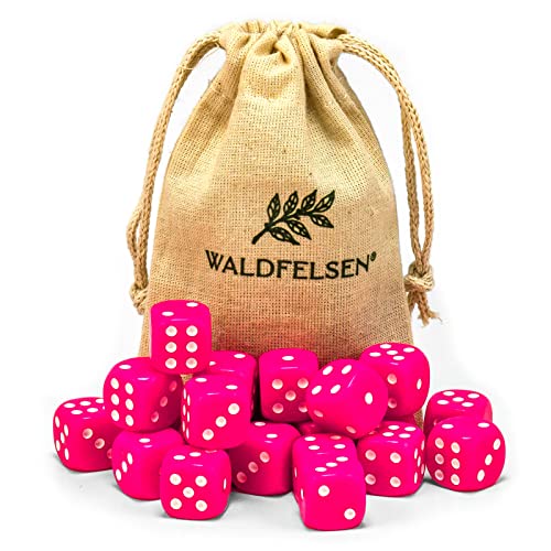 6, 12, 20, 30 oder 50 hochqualitative Würfel von Waldfelsen® Standardgröße 16 mm Acrylwürfel Knobel Spielwürfel Dice 6-seitig sechsseitig Spielzubehör Set mit Stoffbeutel (Pink, 20 Stück) von Waldfelsen