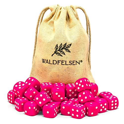 Waldfelsen 6, 12, 20, 30 oder 50 hochqualitative Würfel Standardgröße 16 mm Acrylwürfel Knobel Spielwürfel Dice 6-seitig sechsseitig Spielzubehör Set mit Stoffbeutel (Pink, 30 Stück) von Waldfelsen