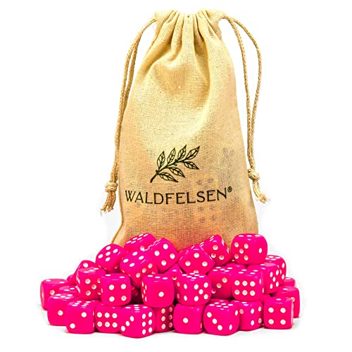 Waldfelsen 6, 12, 20, 30 oder 50 hochqualitative Würfel Standardgröße 16 mm Acrylwürfel Knobel Spielwürfel Dice 6-seitig sechsseitig Spielzubehör Set mit Stoffbeutel (Pink, 50 Stück) von Waldfelsen