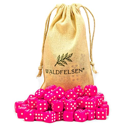 6, 12, 20, 30 oder 50 hochqualitative Würfel von Waldfelsen® Standardgröße 16 mm Acrylwürfel Knobel Spielwürfel Dice 6-seitig sechsseitig Spielzubehör Set mit Stoffbeutel (Pink, 50 Stück) von Waldfelsen