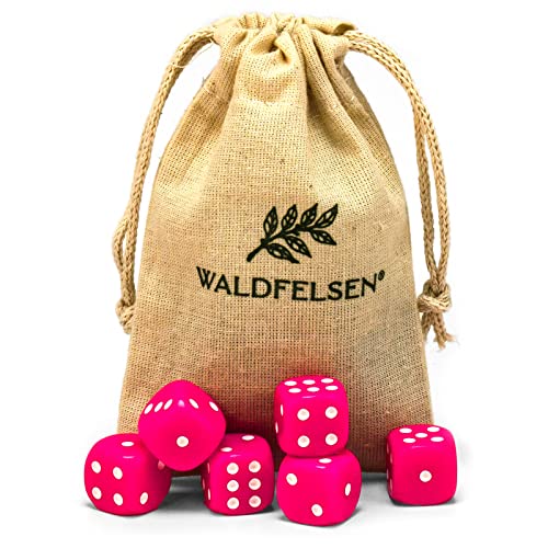 Waldfelsen 6, 12, 20, 30 oder 50 hochqualitative Würfel Standardgröße 16 mm Acrylwürfel Knobel Spielwürfel Dice 6-seitig sechsseitig Spielzubehör Set mit Stoffbeutel (Pink, 6 Stück) von Waldfelsen