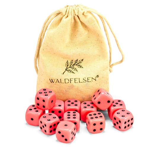 6, 12, 20, 30 oder 50 hochqualitative Würfel von Waldfelsen® Standardgröße 16 mm Acrylwürfel Knobel Spielwürfel Dice 6-seitig sechsseitig Spielzubehör Set mit Stoffbeutel (Rosa, 12 Stück) von Waldfelsen