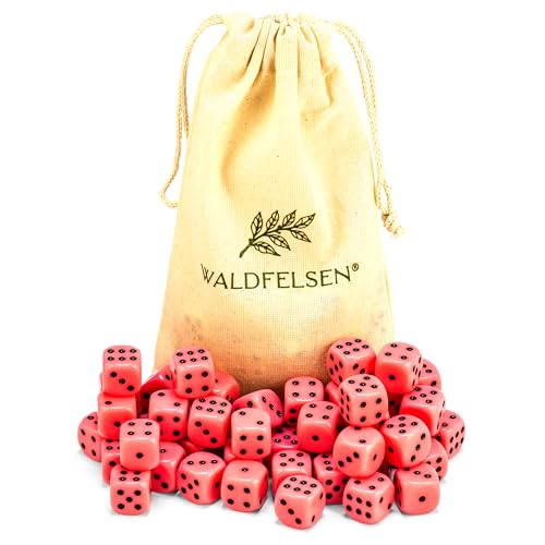 6, 12, 20, 30 oder 50 hochqualitative Würfel von Waldfelsen® Standardgröße 16 mm Acrylwürfel Knobel Spielwürfel Dice 6-seitig sechsseitig Spielzubehör Set mit Stoffbeutel (Rosa, 50 Stück) von Waldfelsen