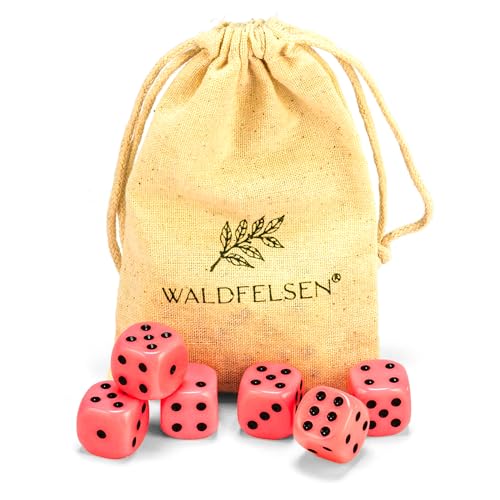 6, 12, 20, 30 oder 50 hochqualitative Würfel von Waldfelsen® Standardgröße 16 mm Acrylwürfel Knobel Spielwürfel Dice 6-seitig sechsseitig Spielzubehör Set mit Stoffbeutel (Rosa, 6 Stück) von Waldfelsen