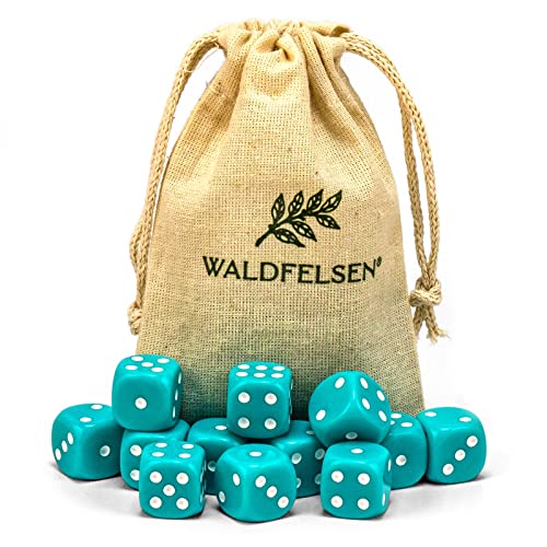Waldfelsen 6, 12, 20, 30 oder 50 hochqualitative Würfel Standardgröße 16 mm Acrylwürfel Knobel Spielwürfel Dice 6-seitig sechsseitig Spielzubehör Set mit Stoffbeutel (Türkis, 12 Stück) von Waldfelsen