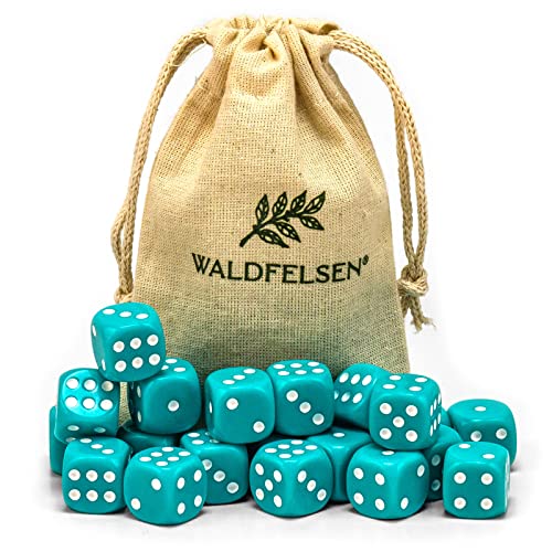 6, 12, 20, 30 oder 50 hochqualitative Würfel von Waldfelsen® Standardgröße 16 mm Acrylwürfel Knobel Spielwürfel Dice 6-seitig sechsseitig Spielzubehör Set mit Stoffbeutel (Türkis, 20 Stück) von Waldfelsen