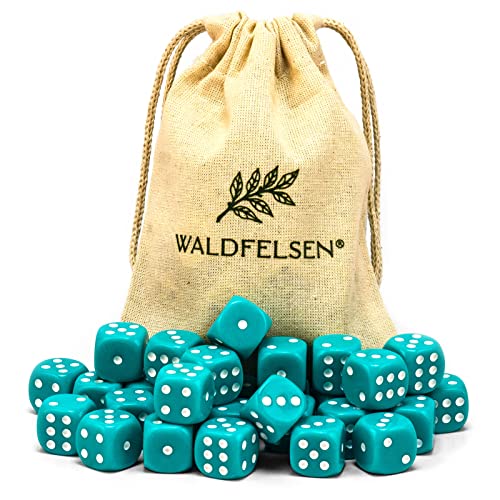 Waldfelsen 6, 12, 20, 30 oder 50 hochqualitative Würfel Standardgröße 16 mm Acrylwürfel Knobel Spielwürfel Dice 6-seitig sechsseitig Spielzubehör Set mit Stoffbeutel (Türkis, 30 Stück) von Waldfelsen