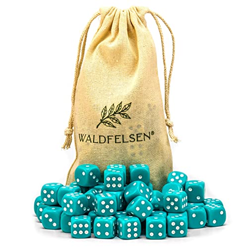 6, 12, 20, 30 oder 50 hochqualitative Würfel von Waldfelsen® Standardgröße 16 mm Acrylwürfel Knobel Spielwürfel Dice 6-seitig sechsseitig Spielzubehör Set mit Stoffbeutel (Türkis, 50 Stück) von Waldfelsen