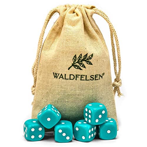 6, 12, 20, 30 oder 50 hochqualitative Würfel von Waldfelsen® Standardgröße 16 mm Acrylwürfel Knobel Spielwürfel Dice 6-seitig sechsseitig Spielzubehör Set mit Stoffbeutel (Türkis, 6 Stück) von Waldfelsen