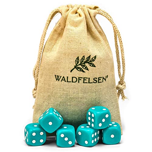 Waldfelsen 6, 12, 20, 30 oder 50 hochqualitative Würfel Standardgröße 16 mm Acrylwürfel Knobel Spielwürfel Dice 6-seitig sechsseitig Spielzubehör Set mit Stoffbeutel (Türkis, 6 Stück) von Waldfelsen