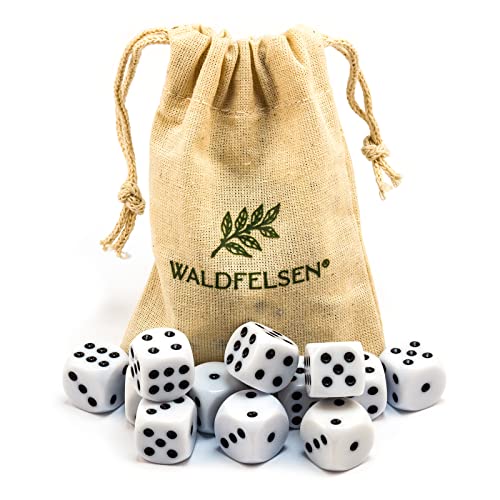 Waldfelsen 6, 12, 20, 30 oder 50 hochqualitative Würfel Standardgröße 16 mm Acrylwürfel Knobel Spielwürfel Dice 6-seitig sechsseitig Spielzubehör Set mit Stoffbeutel (Weiß, 12 Stück) von Waldfelsen