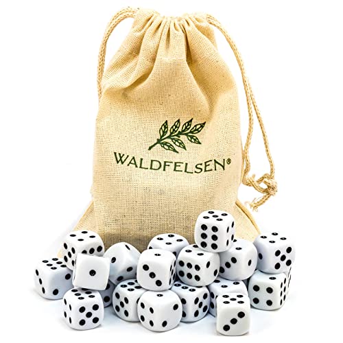 Waldfelsen 6, 12, 20, 30 oder 50 hochqualitative Würfel Standardgröße 16 mm Acrylwürfel Knobel Spielwürfel Dice 6-seitig sechsseitig Spielzubehör Set mit Stoffbeutel (Weiß, 30 Stück) von Waldfelsen