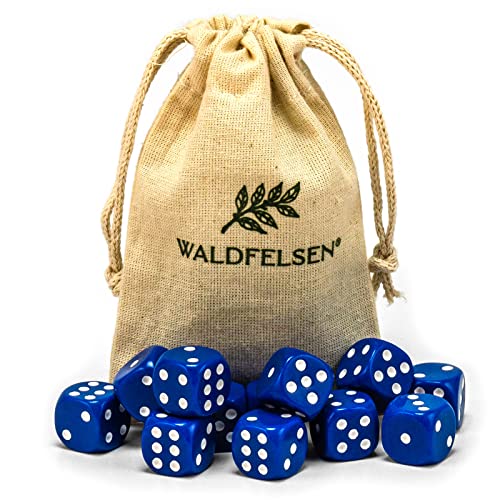Waldfelsen 6, 12, 20, 30 oder 50 hochqualitative Würfel Standardgröße 16 mm Acrylwürfel Knobel Spielwürfel Dice 6-seitig sechsseitig Spielzubehör Set mit Stoffbeutel (Blau, 12 Stück) von Waldfelsen