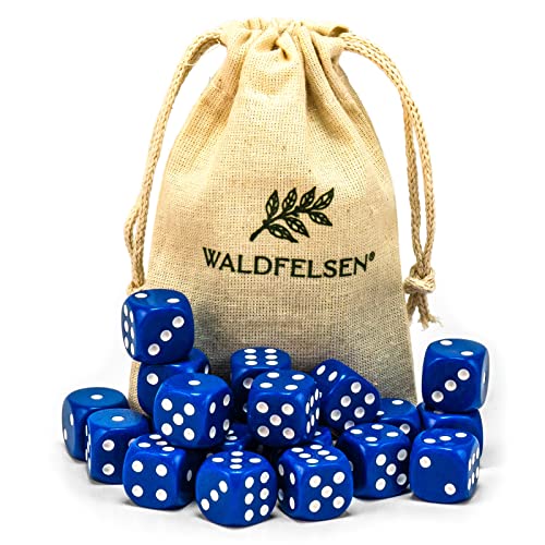 Waldfelsen 6, 12, 20, 30 oder 50 hochqualitative Würfel Standardgröße 16 mm Acrylwürfel Knobel Spielwürfel Dice 6-seitig sechsseitig Spielzubehör Set mit Stoffbeutel (Blau, 20 Stück) von Waldfelsen