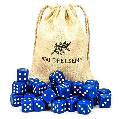 Waldfelsen 6, 12, 20, 30 oder 50 hochqualitative Würfel Standardgröße 16 mm Acrylwürfel Knobel Spielwürfel Dice 6-seitig sechsseitig Spielzubehör Set mit Stoffbeutel (Blau, 30 Stück) von Waldfelsen