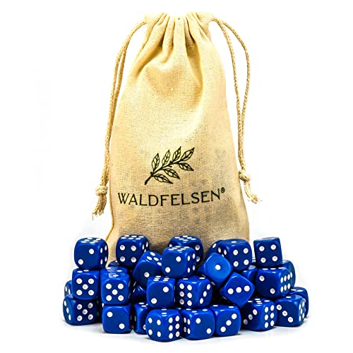 Waldfelsen 6, 12, 20, 30 oder 50 hochqualitative Würfel Standardgröße 16 mm Acrylwürfel Knobel Spielwürfel Dice 6-seitig sechsseitig Spielzubehör Set mit Stoffbeutel (Blau, 50 Stück) von Waldfelsen