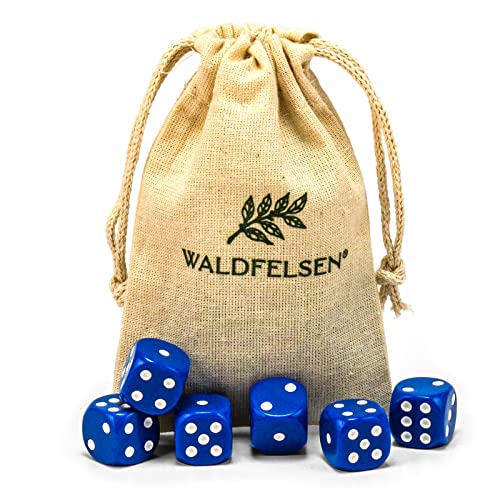 6, 12, 20, 30 oder 50 hochqualitative Würfel von Waldfelsen® Standardgröße 16 mm Acrylwürfel Knobel Spielwürfel Dice 6-seitig sechsseitig Spielzubehör Set mit Stoffbeutel (Blau, 6 Stück) von Waldfelsen