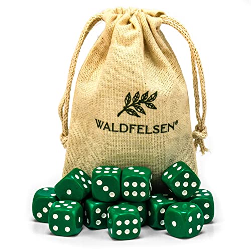 Waldfelsen 6, 12, 20, 30 oder 50 hochqualitative Würfel Standardgröße 16 mm Acrylwürfel Knobel Spielwürfel Dice 6-seitig sechsseitig Spielzubehör Set mit Stoffbeutel (Grün, 12 Stück) von Waldfelsen