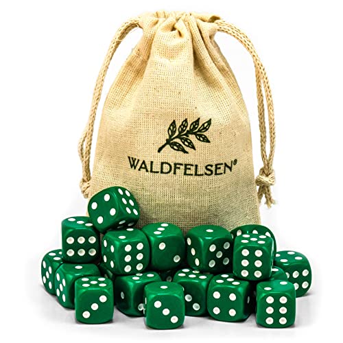 Waldfelsen 6, 12, 20, 30 oder 50 hochqualitative Würfel Standardgröße 16 mm Acrylwürfel Knobel Spielwürfel Dice 6-seitig sechsseitig Spielzubehör Set mit Stoffbeutel (Grün, 20 Stück) von Waldfelsen