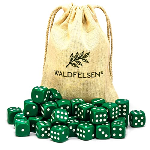 6, 12, 20, 30 oder 50 hochqualitative Würfel von Waldfelsen® Standardgröße 16 mm Acrylwürfel Knobel Spielwürfel Dice 6-seitig sechsseitig Spielzubehör Set mit Stoffbeutel (Grün, 30 Stück) von Waldfelsen