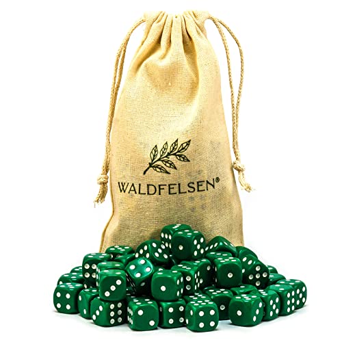 6, 12, 20, 30 oder 50 hochqualitative Würfel von Waldfelsen® Standardgröße 16 mm Acrylwürfel Knobel Spielwürfel Dice 6-seitig sechsseitig Spielzubehör Set mit Stoffbeutel (Grün, 50 Stück) von Waldfelsen