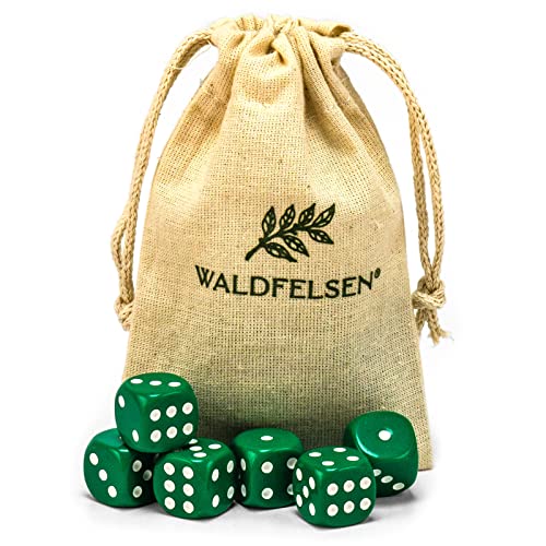 6, 12, 20, 30 oder 50 hochqualitative Würfel von Waldfelsen® Standardgröße 16 mm Acrylwürfel Knobel Spielwürfel Dice 6-seitig sechsseitig Spielzubehör Set mit Stoffbeutel (Grün, 6 Stück) von Waldfelsen