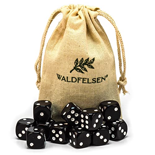 6, 12, 20, 30 oder 50 hochqualitative Würfel von Waldfelsen® Standardgröße 16 mm Acrylwürfel Knobel Spielwürfel Dice 6-seitig sechsseitig Spielzubehör Set mit Stoffbeutel (Schwarz, 12 Stück) von Waldfelsen