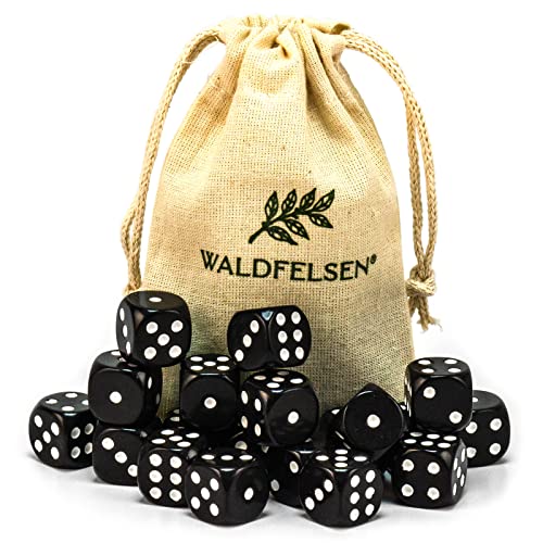 Waldfelsen 6, 12, 20, 30 oder 50 hochqualitative Würfel Standardgröße 16 mm Acrylwürfel Knobel Spielwürfel Dice 6-seitig sechsseitig Spielzubehör Set mit Stoffbeutel (Schwarz, 20 Stück) von Waldfelsen
