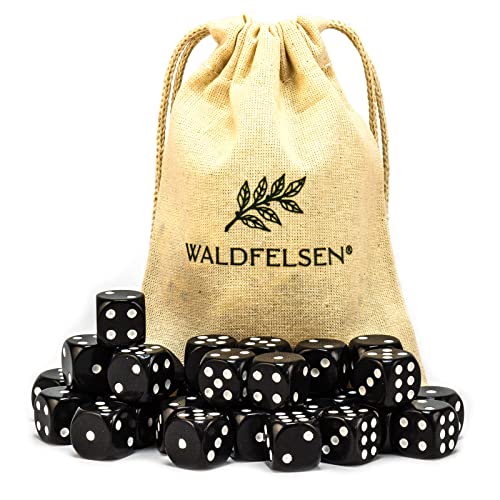 Waldfelsen 6, 12, 20, 30 oder 50 hochqualitative Würfel Standardgröße 16 mm Acrylwürfel Knobel Spielwürfel Dice 6-seitig sechsseitig Spielzubehör Set mit Stoffbeutel (Schwarz, 30 Stück) von Waldfelsen