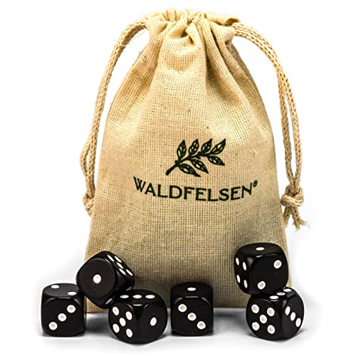 6, 12, 20, 30 oder 50 hochqualitative Würfel von Waldfelsen® Standardgröße 16 mm Acrylwürfel Knobel Spielwürfel Dice 6-seitig sechsseitig Spielzubehör Set mit Stoffbeutel (Schwarz, 6 Stück) von Waldfelsen