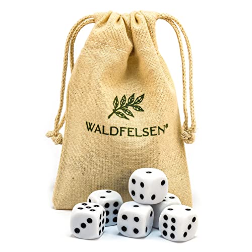 6, 12, 20, 30 oder 50 hochqualitative Würfel von Waldfelsen® Standardgröße 16 mm Acrylwürfel Knobel Spielwürfel Dice 6-seitig sechsseitig Spielzubehör Set mit Stoffbeutel (Weiß, 6 Stück) von Waldfelsen