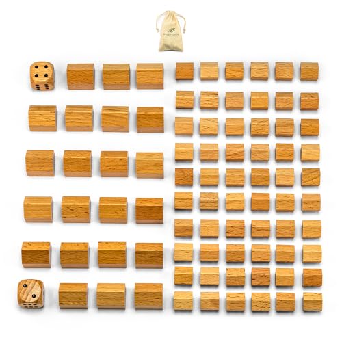 Waldfelsen® Spielfiguren aus Holz: 60 Blanko-Häuser, 22 Blanko-Hotels sowie Zwei Augenwürfel inkl. Stoffbeutel | Blanko-Spielmaterial von Waldfelsen