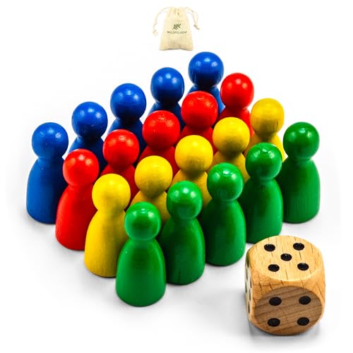 Waldfelsen® DIY Set - 20 hochqualitative Halmakegel (24 mm) und 1 Augenwürfel (16 mm) aus echtem Buchenholz - Spiele erfinden (4 Spieler) von Waldfelsen