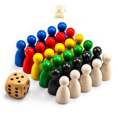 Waldfelsen® DIY Set - 30 hochqualitative Halmakegel (24 mm) und 1 Augenwürfel (16 mm) aus echtem Buchenholz - Spiele erfinden (6 Spieler) von Waldfelsen