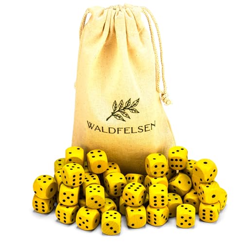 Waldfelsen 6, 12, 20, 30 oder 50 hochqualitative Holzwürfel aus echtem Buchenholz Augenwürfel Spielwürfel aus Holz in 16 mm Standardwürfel mit Stoffbeutel Würfelset (Gelb, 50 Stück) von Waldfelsen