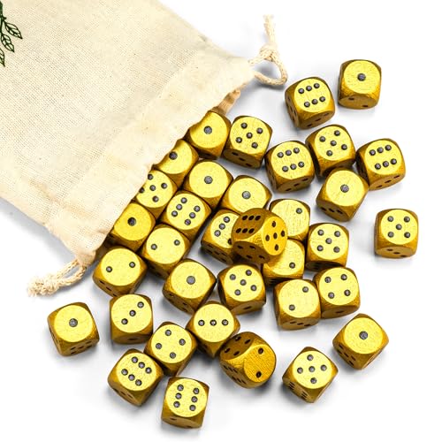 Waldfelsen 6, 12, 20, 30 oder 50 hochqualitative Holzwürfel aus echtem Buchenholz Augenwürfel Spielwürfel aus Holz in 16 mm Standardwürfel mit Stoffbeutel Würfelset (Gold, 50 Stück) von Waldfelsen