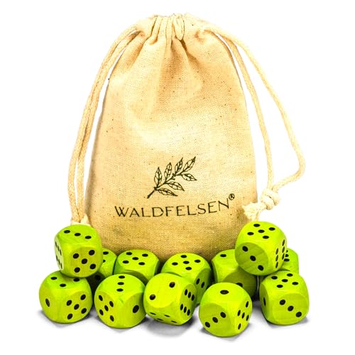 Waldfelsen 6, 12, 20, 30 oder 50 hochqualitative Holzwürfel aus echtem Buchenholz Augenwürfel Spielwürfel aus Holz in 16 mm Standardwürfel mit Stoffbeutel Würfelset (Grasgrün, 12 Stück) von Waldfelsen